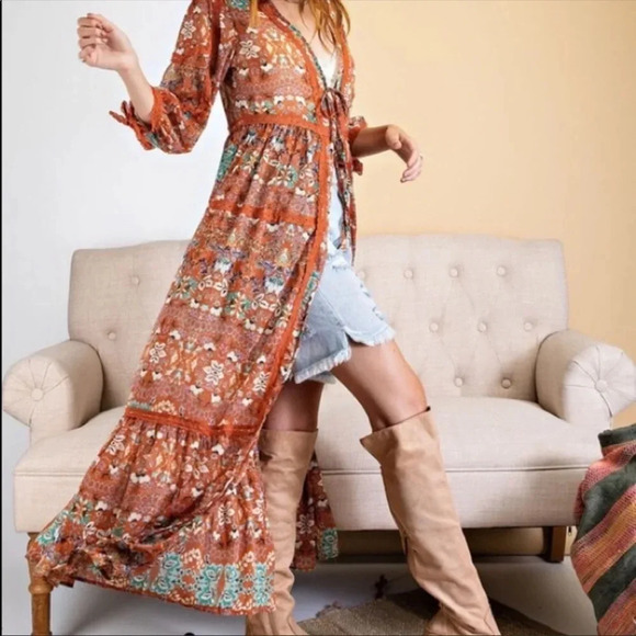 Boho Rust Floral Maxi Kimono Duster | Easel Lace Trim Fall Layering Piece | Sz M - Picture 5 of 7